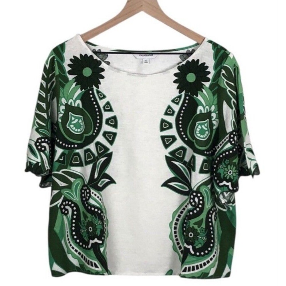 Calligraphie Linen Blend Top Women’s XL Pullover Scalloped Sleeve Green